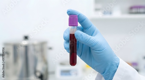 Gloved hand holding blood sample test tube in laboratory, medical diagnostics and healthcare testing concept, clinical research and analysis in modern lab environment