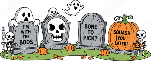 Funny Halloween graveyard vector illustration with skeletons, ghosts, pumpkins and humorous quotes, colorful cartoon spooky scene design