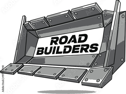 An illustration of a metal road builder's bucket with the words 'ROAD BUILDERS' on it