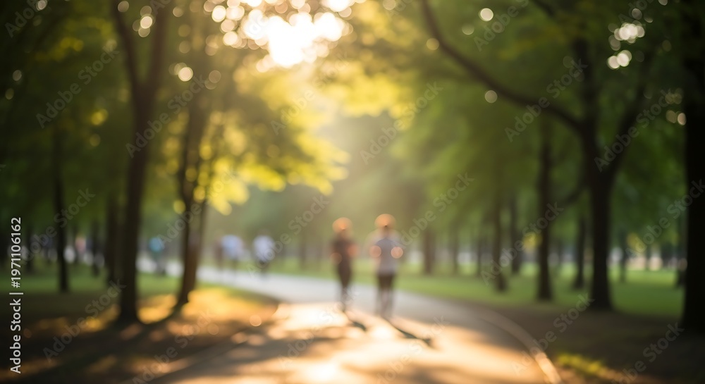 Fototapeta premium Two blurred figures walking on a sunlit path in a park, surrounded by green trees and a warm, hazy glow.