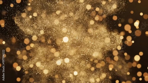 Abstract golden particles swirling and glowing on dark background, bokeh effect