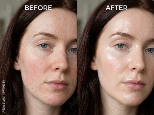 Before and After Skincare Transformation: Natural Skin Texture Pores and Redness vs Hydrated Radiant Glass Skin Glow. Beauty Treatment Comparison, Facial Care, Dermatology, Healthy Glowing Skin. Irish