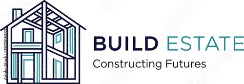A logo for a real estate construction company featuring a house outline and the words Build Estate.