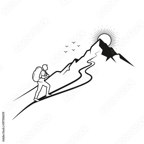 Person Hiking Up Mountain Trail Alone.