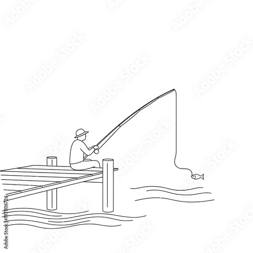 Man fishing on a dock with rod.