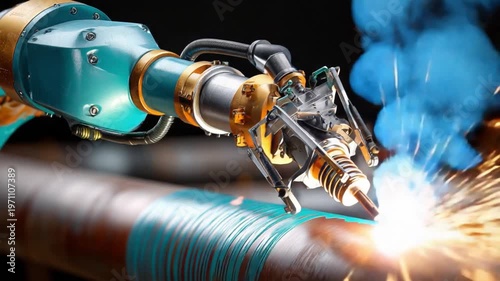 Robotic Precision: A close-up view of an industrial robotic arm welding a metal pipe, showcasing cutting-edge technology and modern manufacturing processes. 