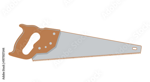 Flat illustration of a handsaw with brown handle and gray blade on white background for diy and construction concepts