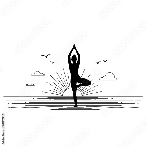 Woman in yoga tree pose standing.