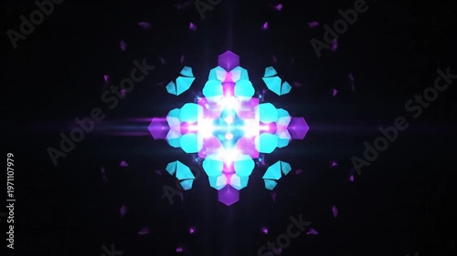 Abstract geometric shapes and neon lights in dark space, futuristic motion background