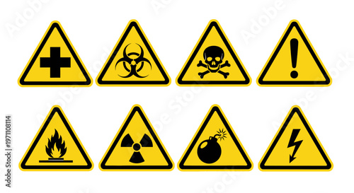 Warning signs display hazardous symbols on triangular yellow boards clearly