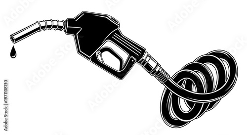 An illustration shows a dripping fuel pump nozzle with a coiled hose on a white background.