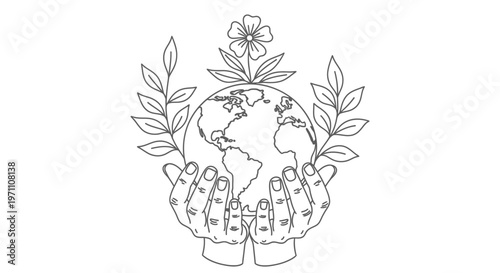 Hands cradling a blooming Earth with leaves and a flower