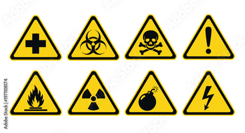 Warning signs display various hazardous symbols on triangular yellow boards
