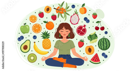 A woman meditates surrounded by various colorful fruits in a serene environment.