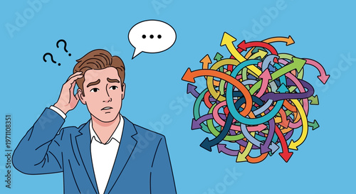 Man confused by colorful chaotic threads questioning ideas