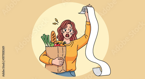 Woman excitedly holds grocery bag and long receipt in kitchen