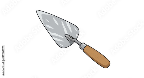 Flat illustration of a trowel with wooden handle and metal blade on white background for construction and diy projects