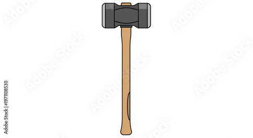 Large grey sledgehammer with wooden handle on white background flat illustration style