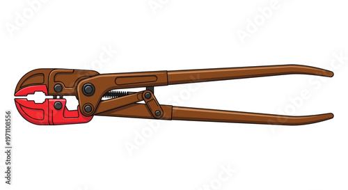 Brown bolt cutter with red jaws on white background industrial tool for metal cutting