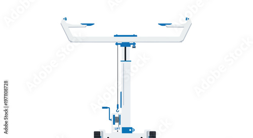 Adjustable white and blue medical examination light on a stand with wheels for healthcare settings