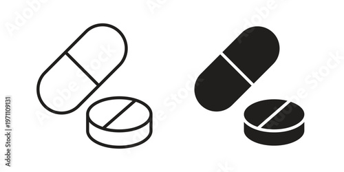 Pill icon set, collection of icon in editable strokes and flat versions