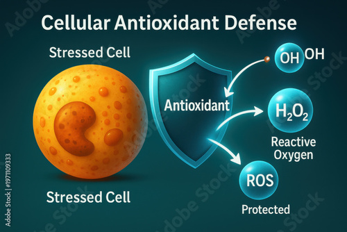 Cellular antioxidant defense diagram showing stressed cell protected by shield. illustration shows neutralization of reactive oxygen species and hydroxyl radicals