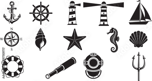 Nautical Icons Set: Anchor, Ship Wheel, Lighthouses, Sailboat, Compass, Seashells, Starfish, Seahorse, Lifebuoy, Telescope, Diving Helmet, Trident Vector Graphics