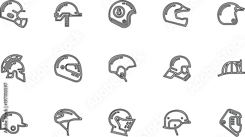 Helmets Vector Line Icons set. Construction helmet, motorcycle helmet, hard hat. Editable stroke. perfect pixel icons, such can be scaled to 24, 48, 96 pixels. vector illustration