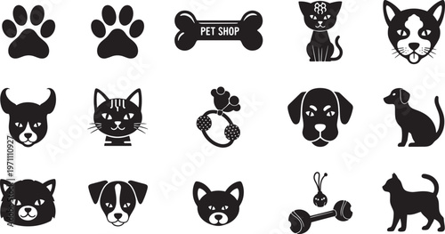 Cute Pet Icons Vector Set: Dog, Cat, Paw Prints, Bone, Toys, Pet Shop Graphics, Black and White Animal Silhouettes for Pet Care and Animal Lovers