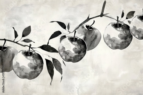 Monochrome ink illustration of apples on a branch, painted with a watercolor effect