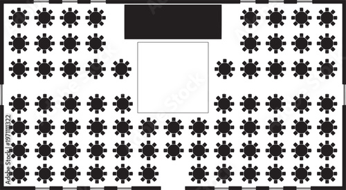 An overhead view of a convention hall plan, featuring orderly tables, symbolizing meticulous organization and venue preparation.