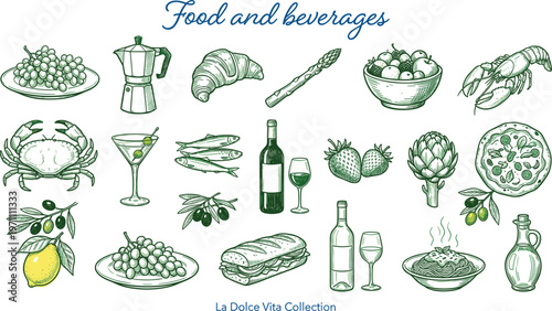 Italian food and beverage hand drawn collection with wine seafood pasta fruits and gourmet culinary elements illustration