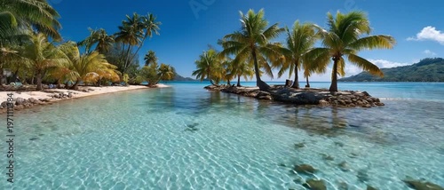 Paradise Found: A breathtaking tropical beach scene unfolds, inviting you to lose yourself in its serene beauty, with the crystal-clear turquoise waters lapping gently against the shores.