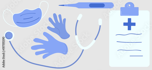Professional hand drawn clip art set featuring essential diagnostic and protective medical equipment, including stethoscope, thermometer, face mask, surgical gloves, and clinical clipboard in blue.