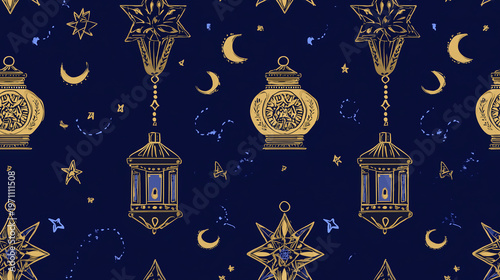 A decorative seamless pattern featuring golden lanterns, crescent moons, and stars on a deep blue background, ideal for Ramadan and Islamic design themes.