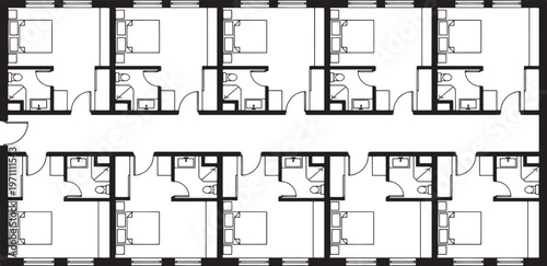 A detailed architectural floor plan of a series of rooms, showcasing a minimalist and functional design.