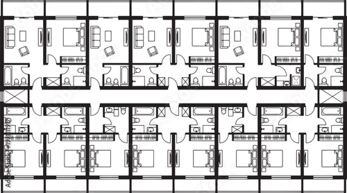 Architectural blueprint showing detailed floor plan, depicting a comprehensive layout of a building, presenting structural information and design elements.