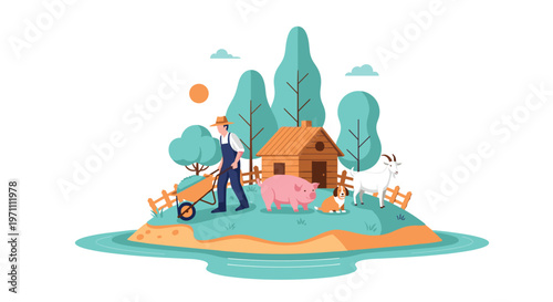Diligent farmer working on a small island farm with his friendly pig, goat, and dog under a warm glowing sun.