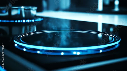 Modern Induction Stove Top with Blue Light and Steam.