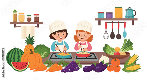 Two young children wearing chef hats cooking together in a kitchen filled with fresh healthy vegetables.