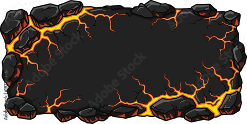 A cartoon illustration of a black rock with yellow lightning cracks on a white background