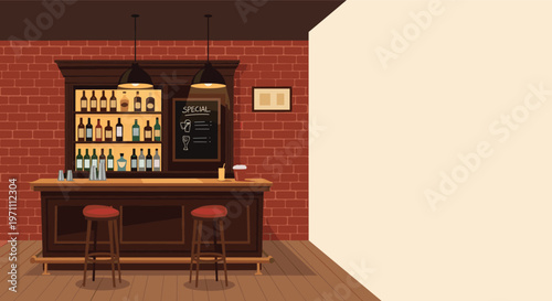 Empty classic pub interior with a brick wall, wooden bar counter, bar stools, and shelves of various bottles.