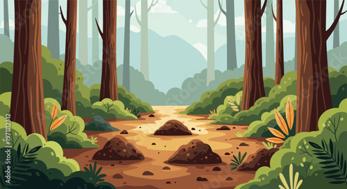 Forest floor with molehills and dirt mounds scattered along a path through tall trees and dense bushes.