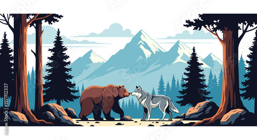Grizzly bear and a grey wolf meeting in a snowy mountain forest landscape with pine trees and blue peaks.