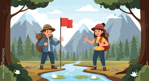 Happy kids with backpacks hiking together through a mountain valley with a river and pine trees.