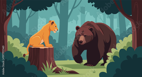 Lion cub sitting on a tree stump watching a large grizzly bear walk through a deep green forest.