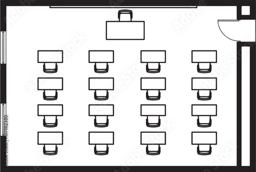 A bird's-eye view of a meticulously arranged classroom, revealing rows of desks and chairs facing a teacher's desk, all in an orderly arrangement.