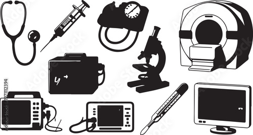 A complete medical stethoscope is shown alongside its individual components like ear tips and chest pieces, all rendered in a stylized cartoon aesthetic on a black background.