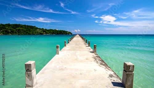 Pier extending into turquoise ocean under a bright blue sky.