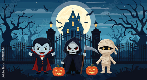 Cute Halloween characters including a vampire, reaper, and mummy standing before a spooky haunted castle.